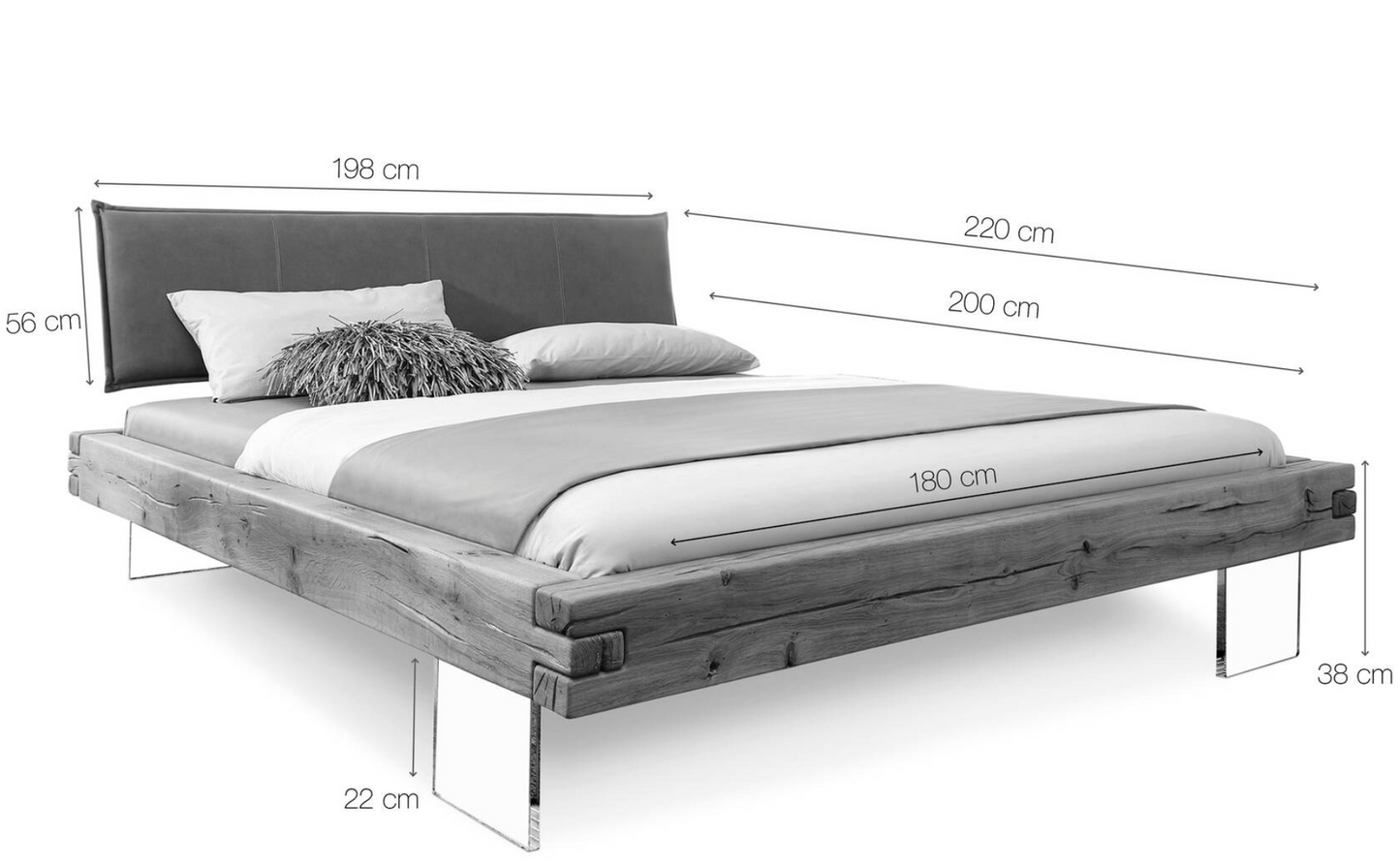 Bett Balkenbett + Massivholz Wildeiche geölt + Kopfteil gepolstert