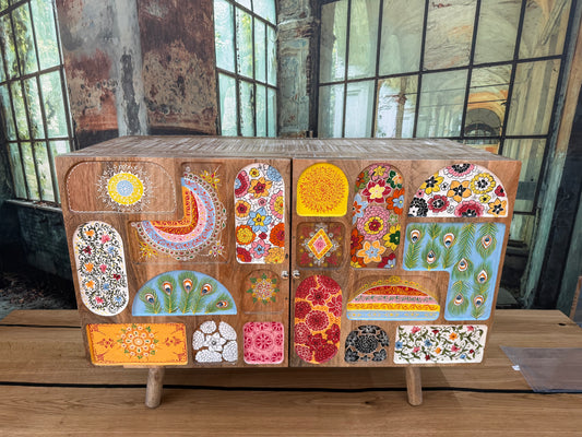 Kommode Schrank + Bemalung + MASSIVHOLZ MANGO + EINZELSTÜCK