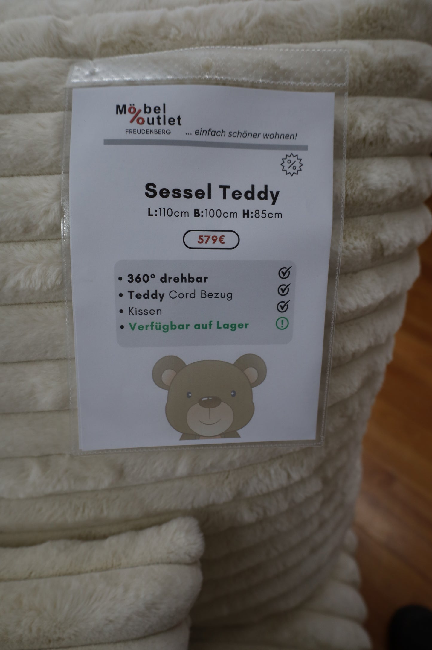 Sessel Teddy + 360° drehbar + Kissen + Teddy Cord Bezug