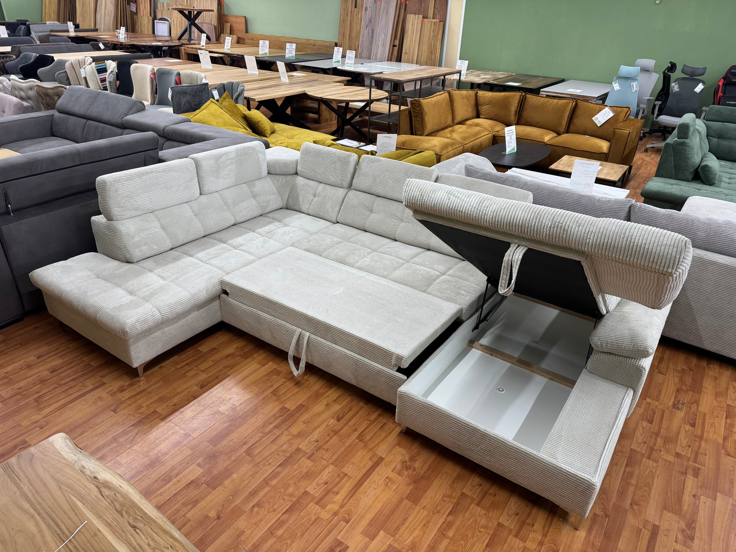Wohnlandschaft Sofa Couch +Cord +Bettfunktion +Stauraum +Kopfstützdenverstellung