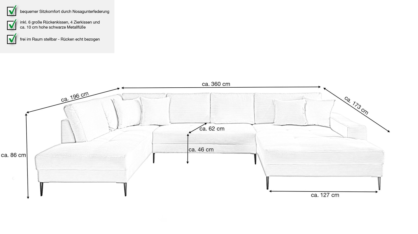 Wohnlandschaft Couch Sofa + Cord Stoff grün + Kissen