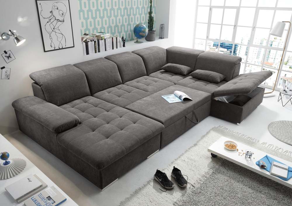 Wohnlandschaft Sofa Couch +Bettfunktion +Stauraum +Kopfteilverstellung