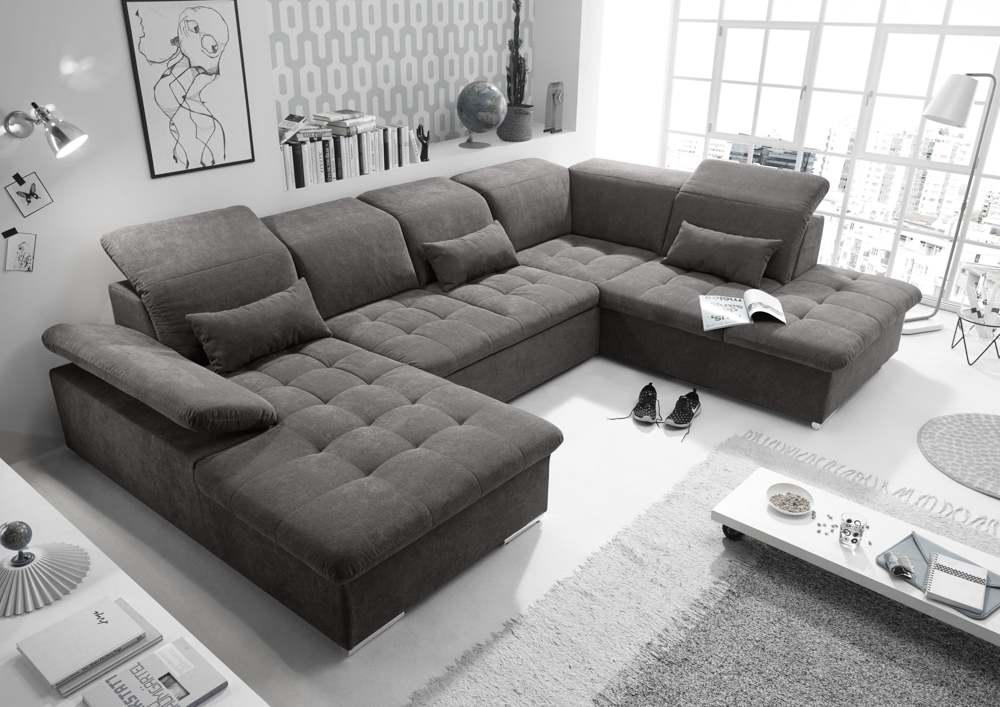 Wohnlandschaft Sofa Couch +Bettfunktion +Stauraum +Kopfteilverstellung