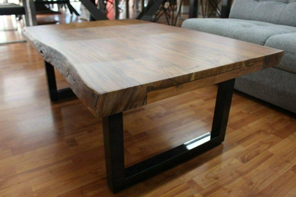 Couchtisch + Massivholz Akazie + Baumkante + Metall Gestell
