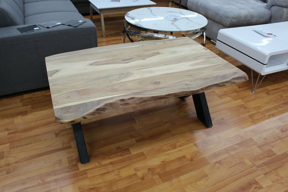 Couchtisch + Massivholz Akazie + Baumkante + Metall Gestell