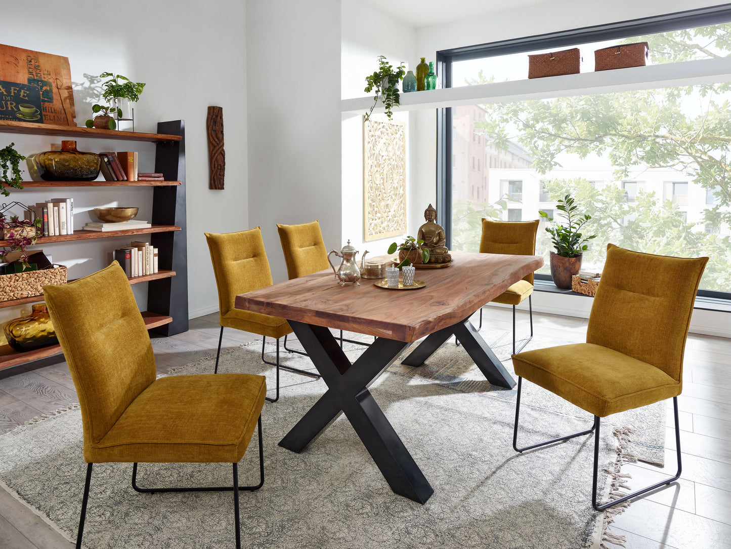 Esstisch Tisch + Massivholz Akazie +ECHTE Baumkante X- Gestell