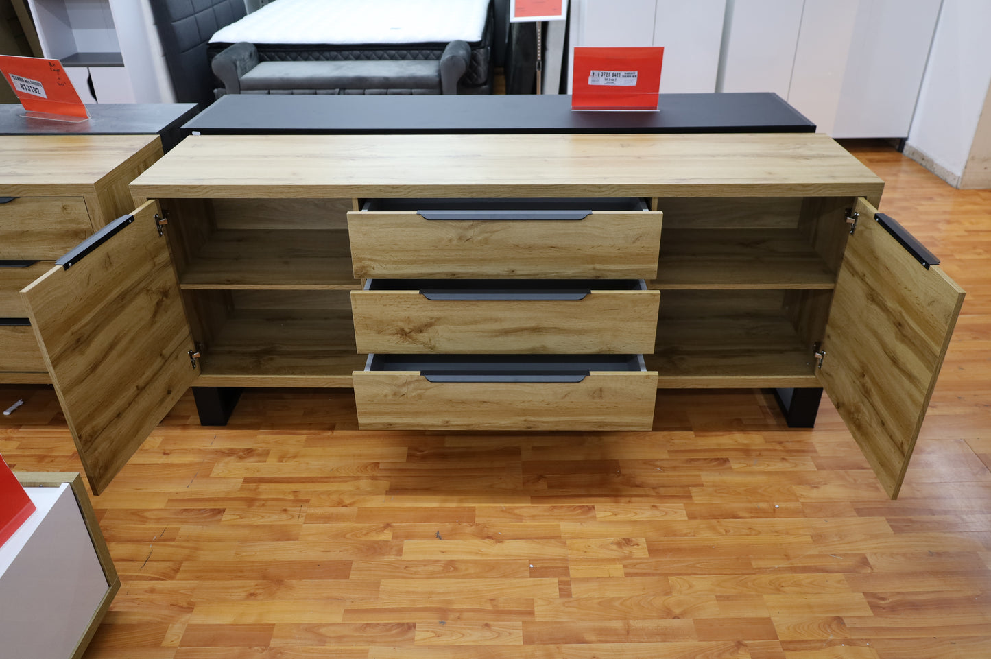Kommode Vitrine Sideboard + Holz Optik + Schubladen
