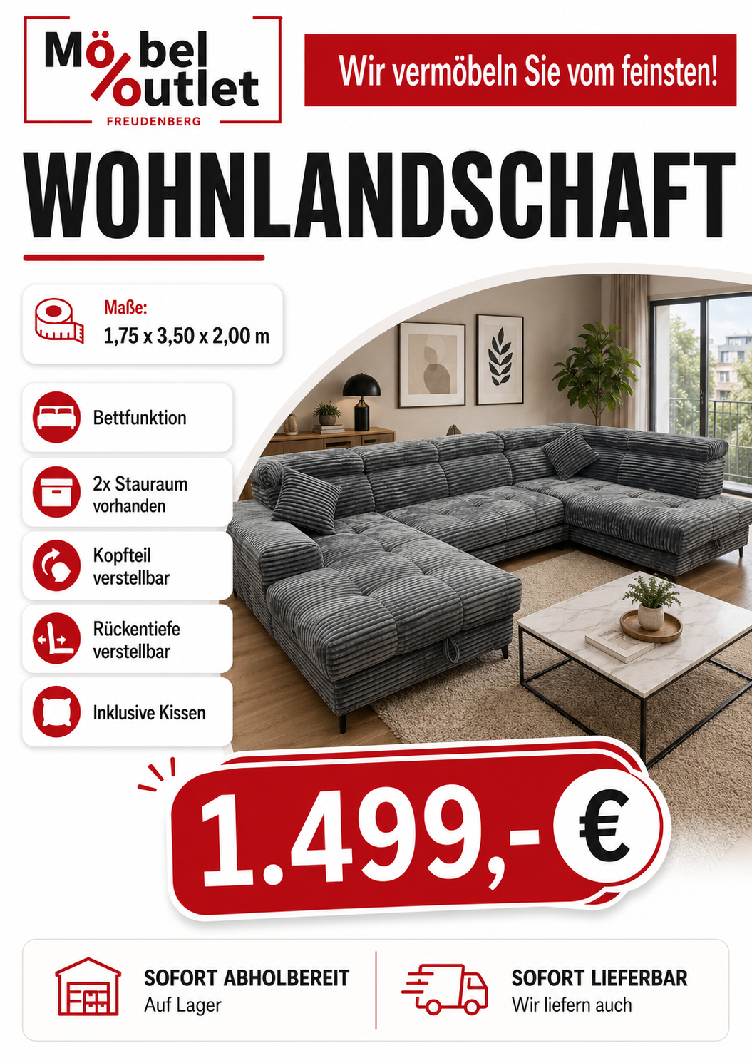 Wohnlandschaft Couch Sofa +Teddy Cord +Bettfunktion +Stauraum
