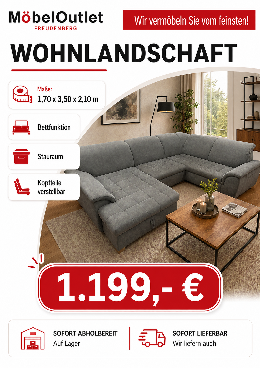 Sofa Couch Wohnlandschaft + Bettfunktion + Stauraum + Kopfteile verstellbar