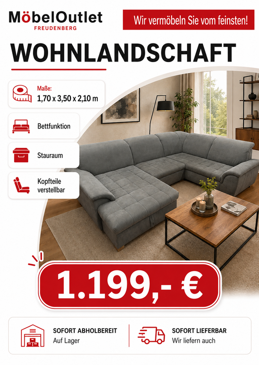 Sofa Couch Wohnlandschaft + Bettfunktion + Stauraum + Kopfteile verstellbar