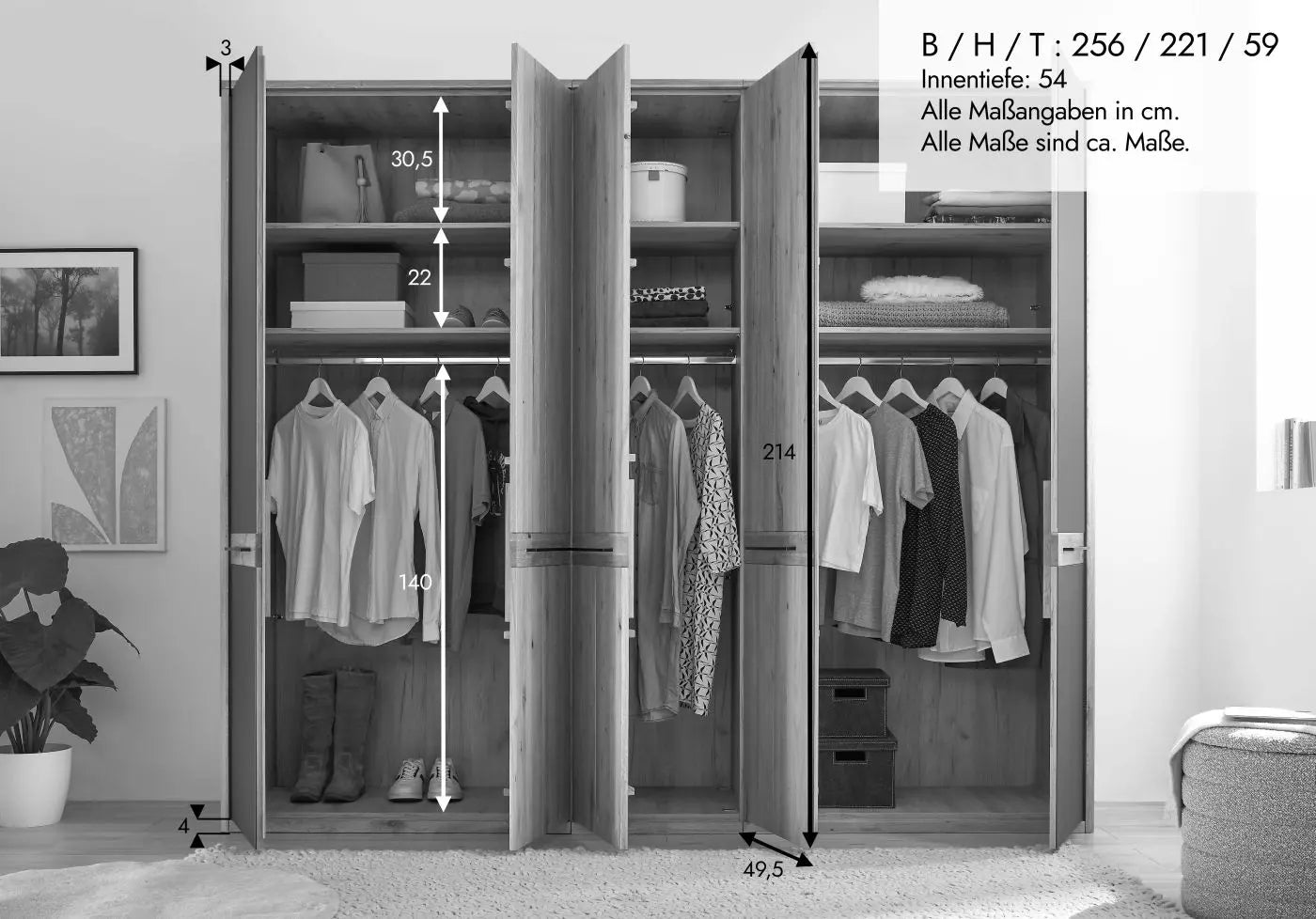 Kleiderschrank Schrank Schlafzimmer +Maße: 256x221x59cm  +Massivholz +Eiche  +vers. Farben  +als Set erhältlich