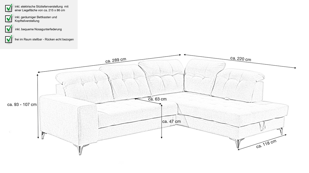 Sofa Couch Wohnlandschaft +Rückentiefenverstellung +elektr. Sitztiefenverstellung +Stauraum +vers. Farben