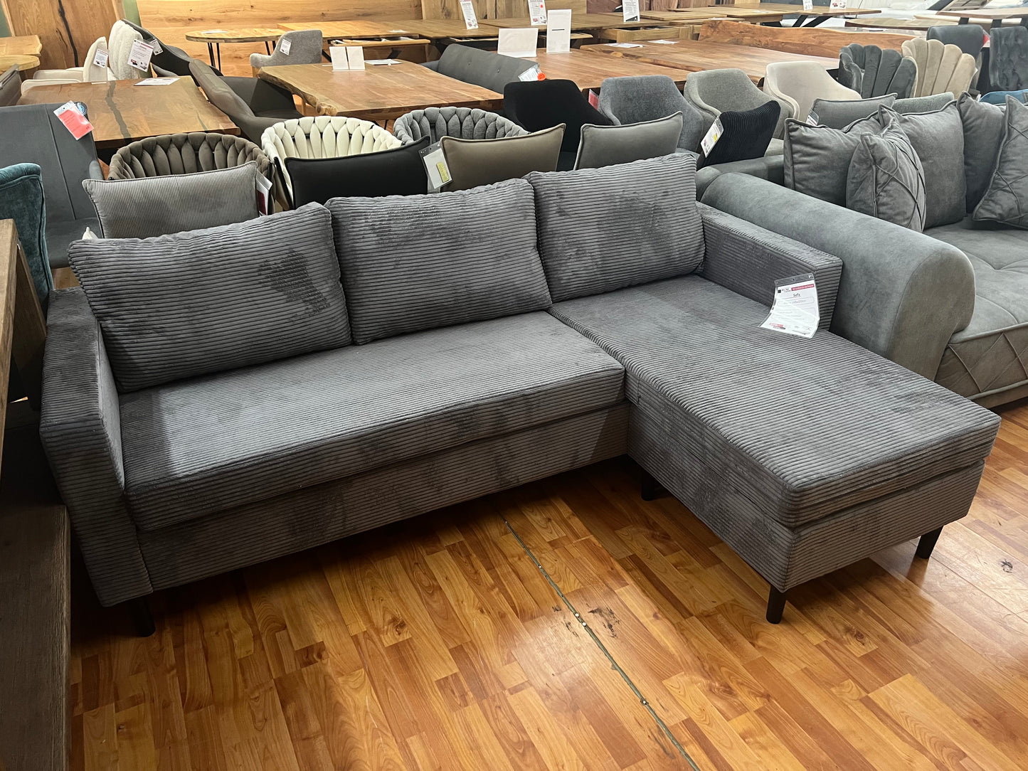 Sofa Wohnlandschaft + Seiten wechselbar + Cord Stoff grau