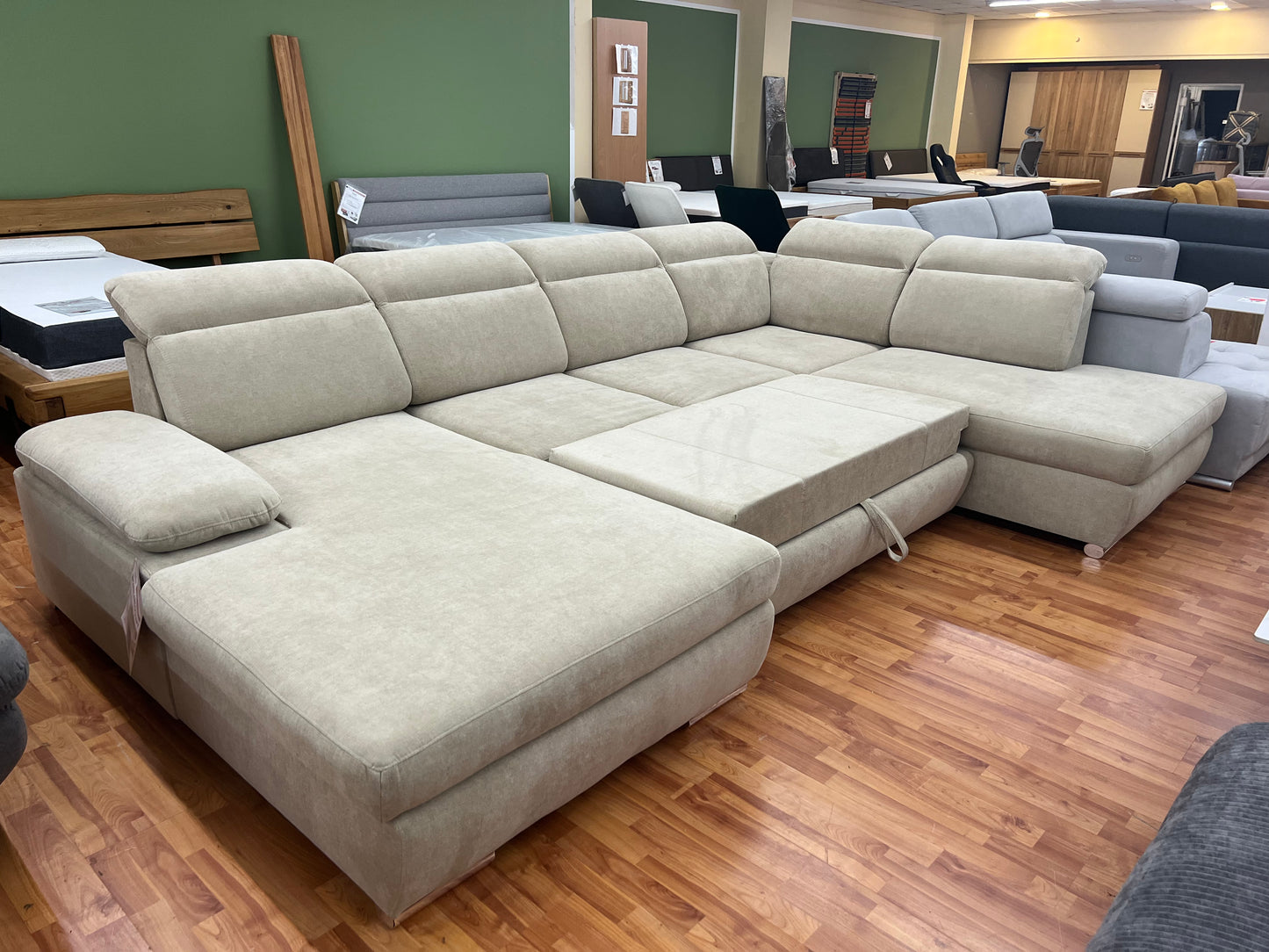 Wohnlandschaft Sofa Couch + Bettfunktion + Stauraum + Kopfteile verstellbar