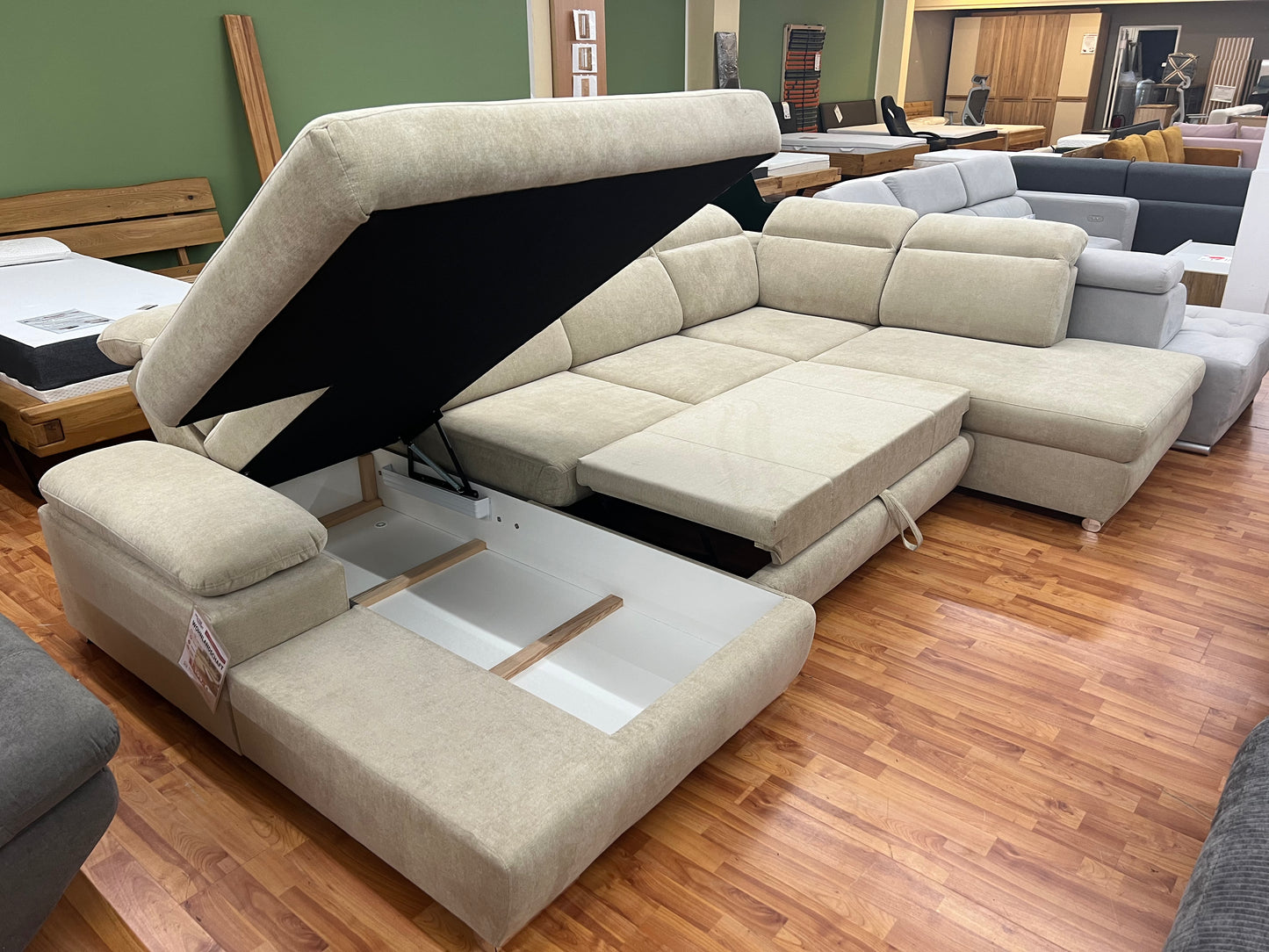 Wohnlandschaft Sofa Couch + Bettfunktion + Stauraum + Kopfteile verstellbar
