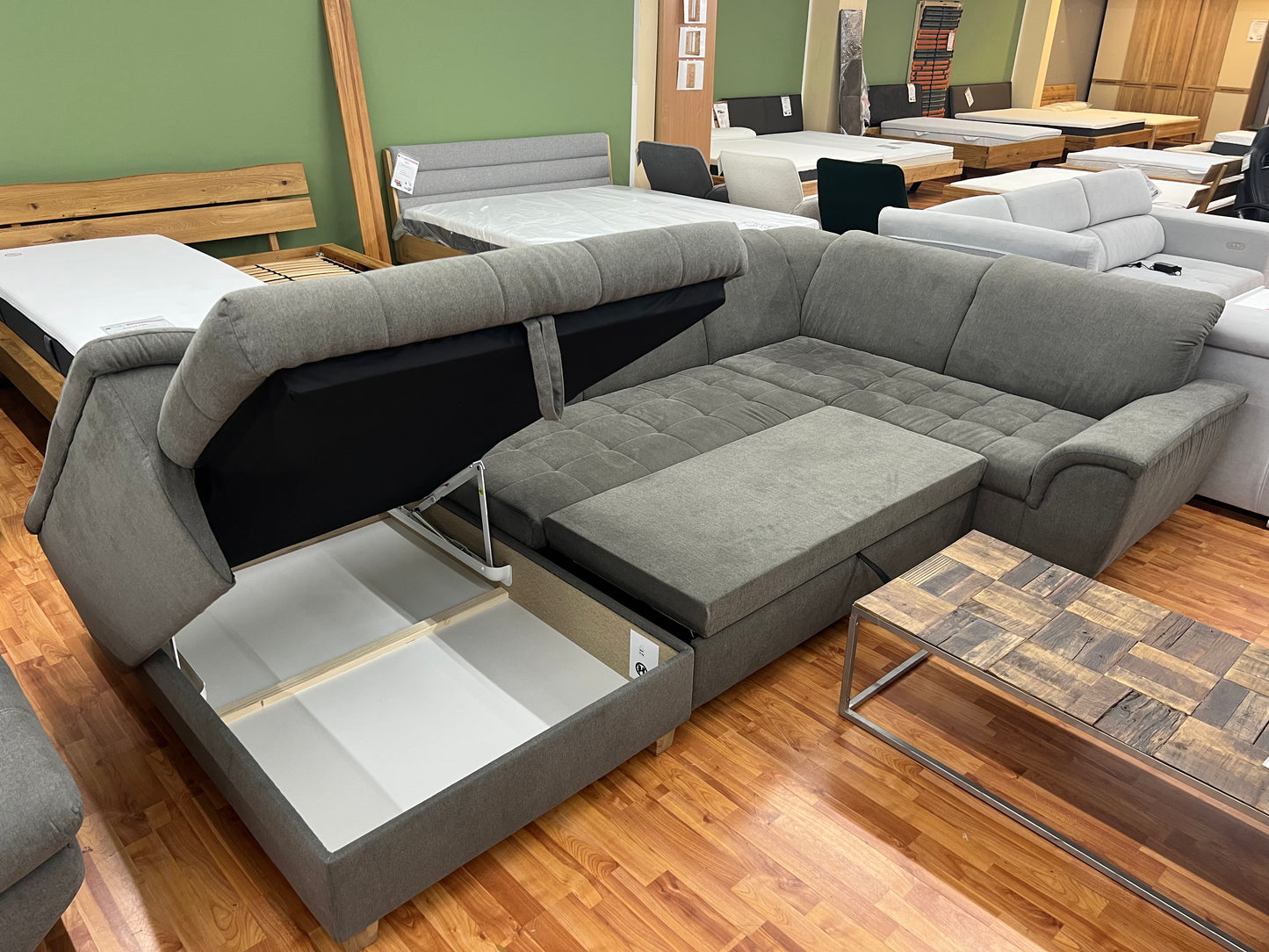 Sofa Couch Wohnlandschaft + Bettfunktion + Stauraum + Kopfteile verstellbar