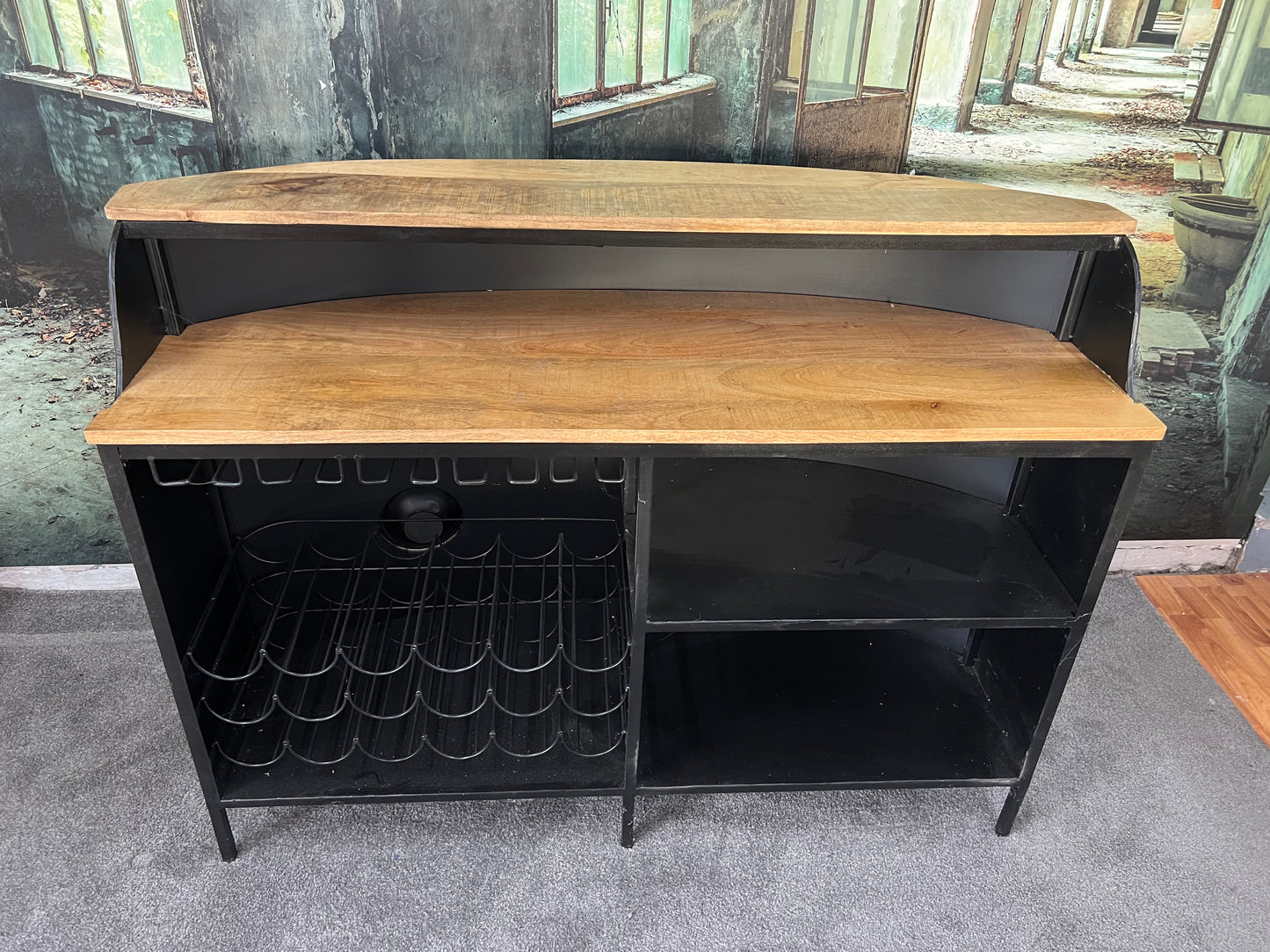 Theke Bar Raumteiler + Massivholz + Regale + Glashalterung