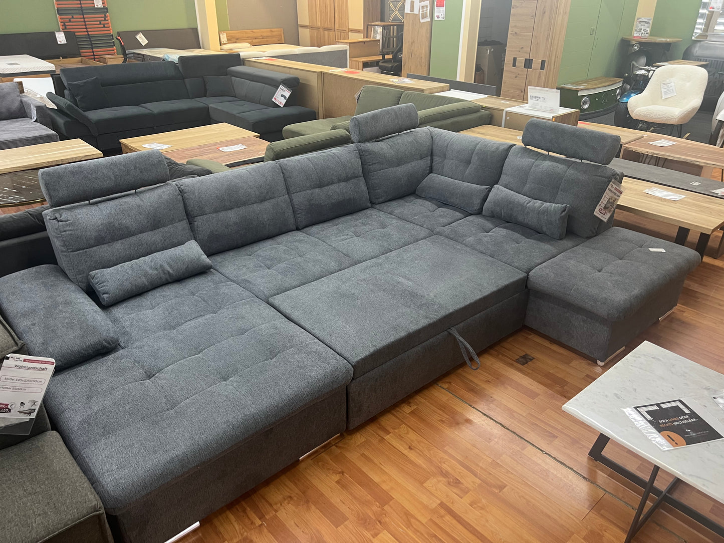 Wohnlandschaft Couch Sofa Maße: 257 x 208cm  + Bettfunktion  + Stauraum  + Kopfteile verstellbar  + Armlehne verstellbar  + Kissen