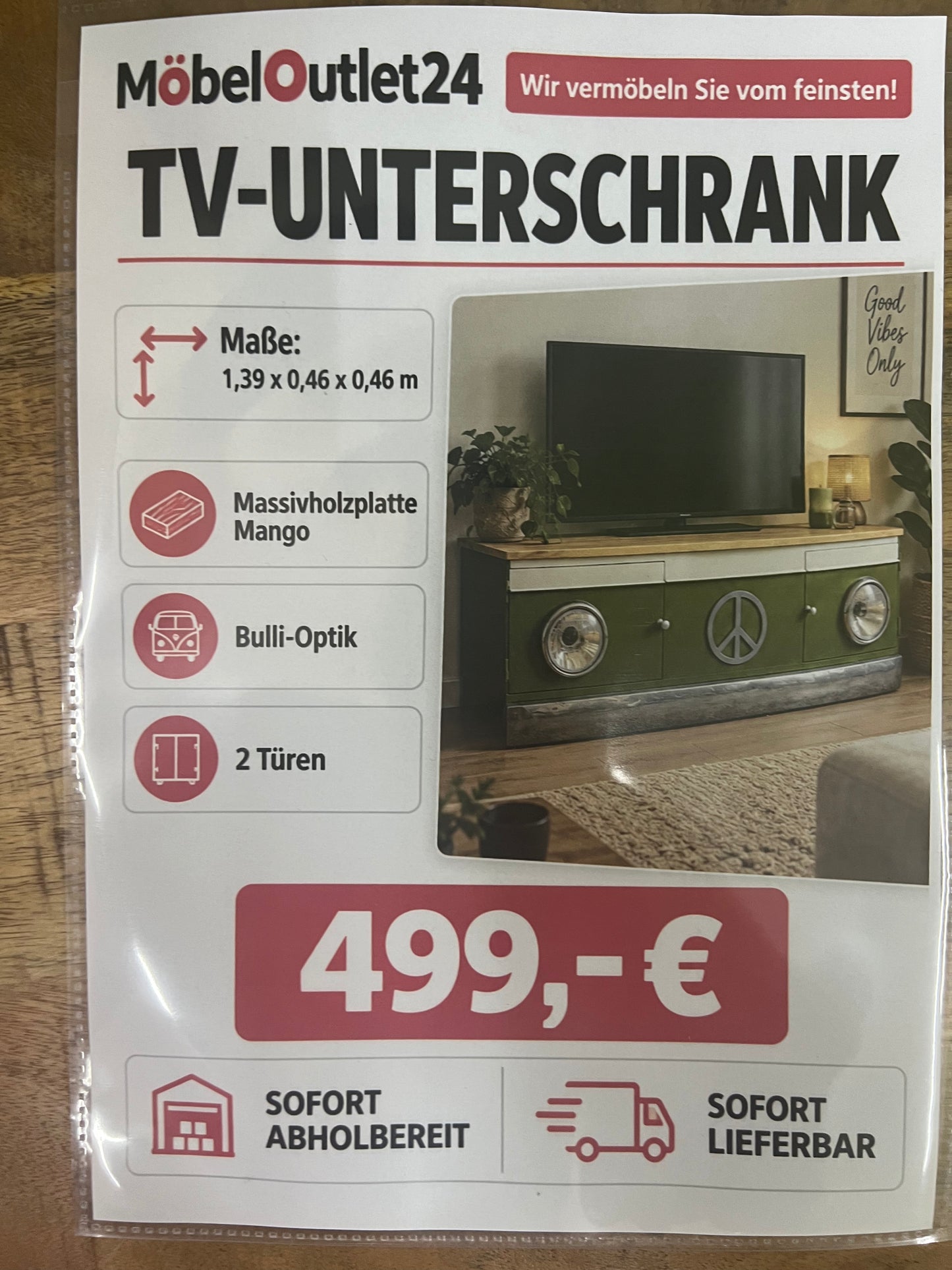 TV Unterschrank Kommode + Massivholz Ablage + BULLI - Optik
