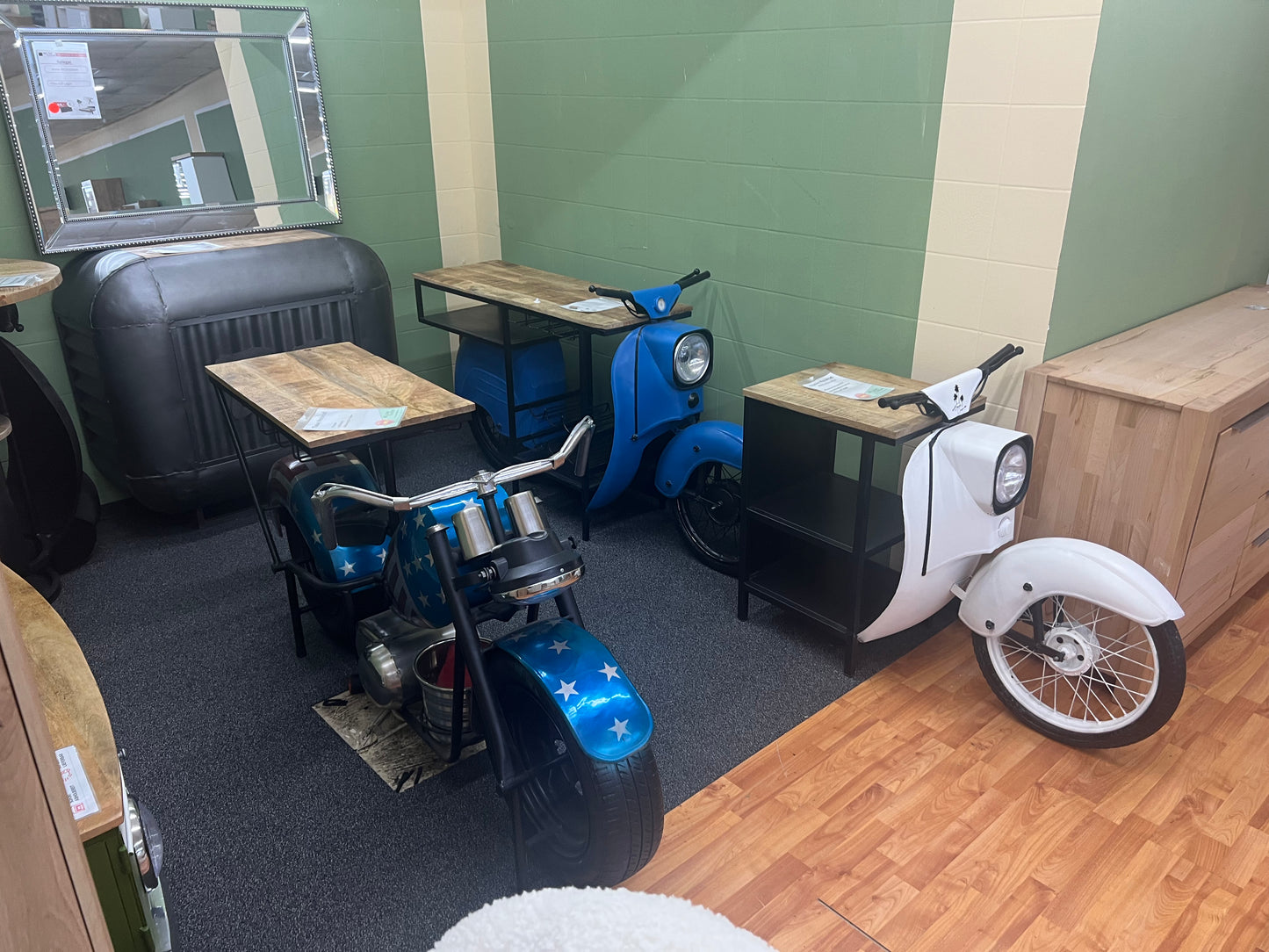 Theke Motorrad Bar +Massivholz Platte +Metallrahmen