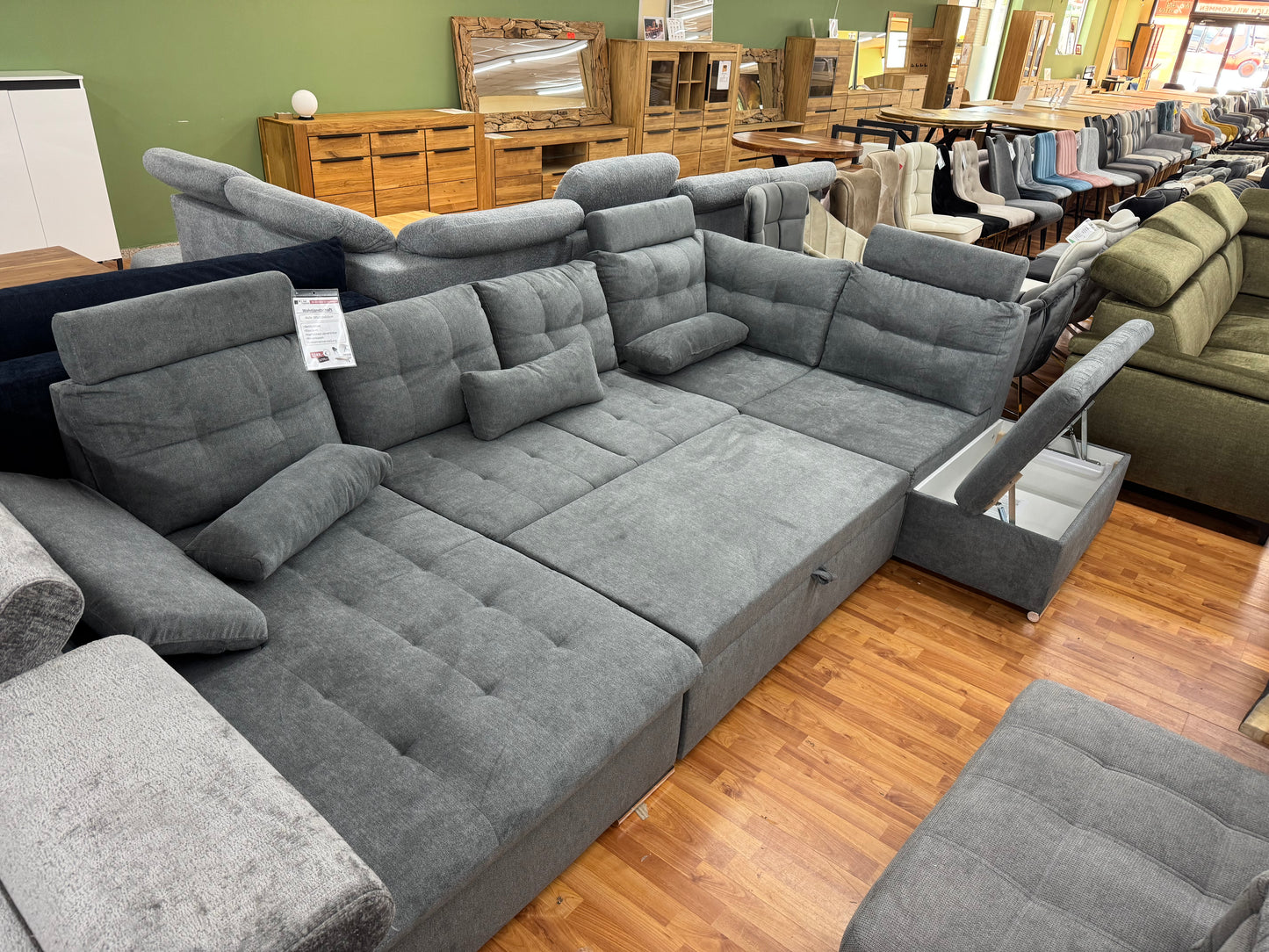 Wohnlandschaft Sofa Couch +Bettfunktion +Stauraum +Kopfstützen abnehmbar +Nierenkissen +Armlehnenverstellung