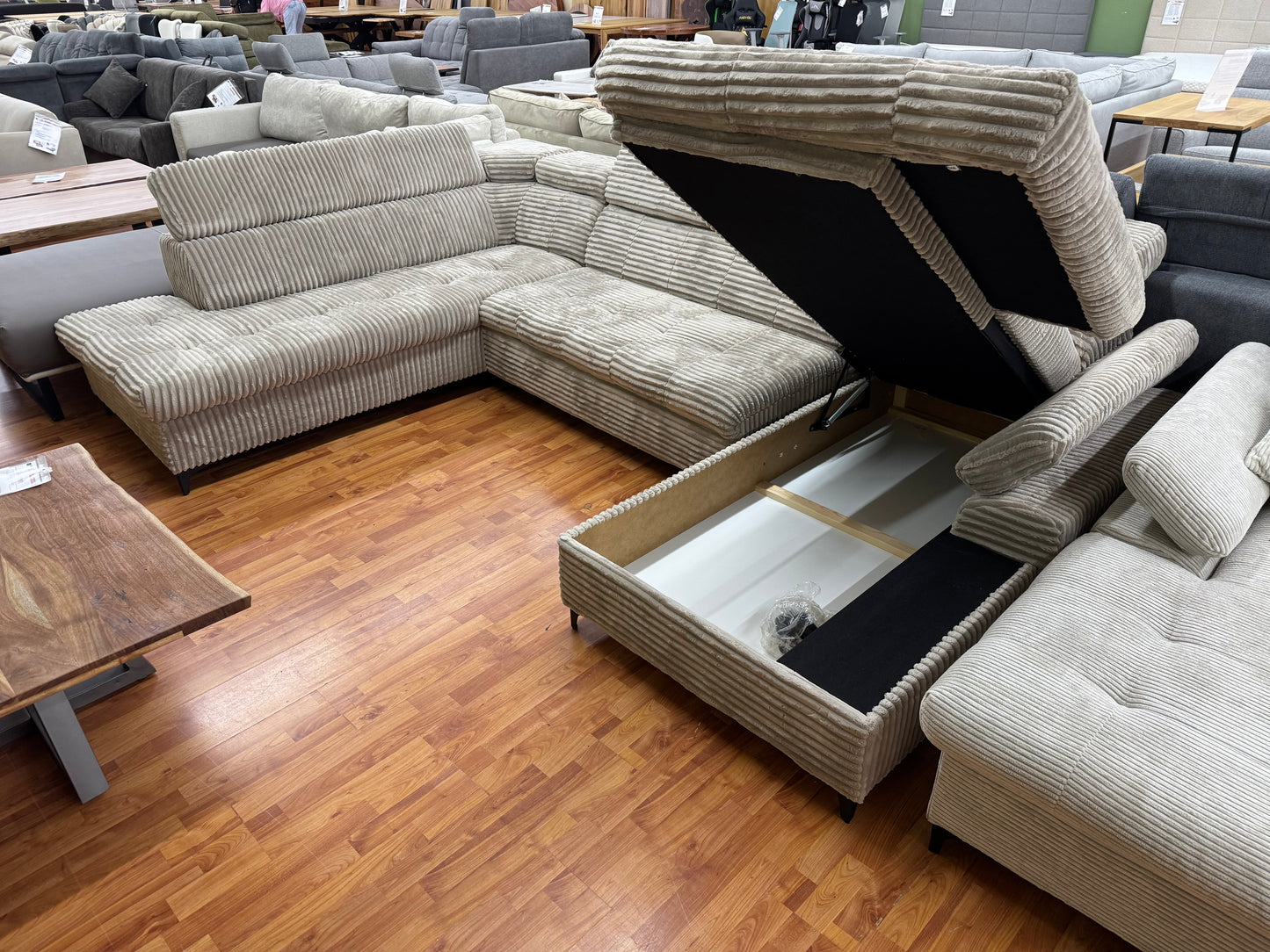 Wohnlandschaft Couch Sofa +Teddycord +Bettfunktion +Stauraum +Kopfstützenverstellung +Armlehnenverstellung