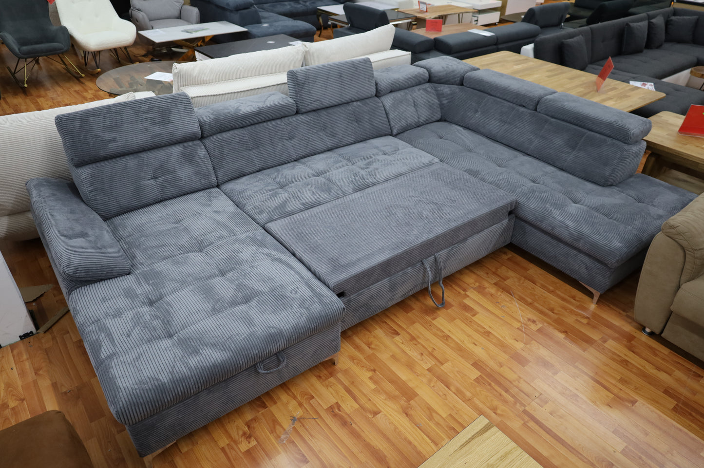 Sofa Couch Wohnlandschaft + Bettfunktion + Stauraum + Kopfstützen verstellbar