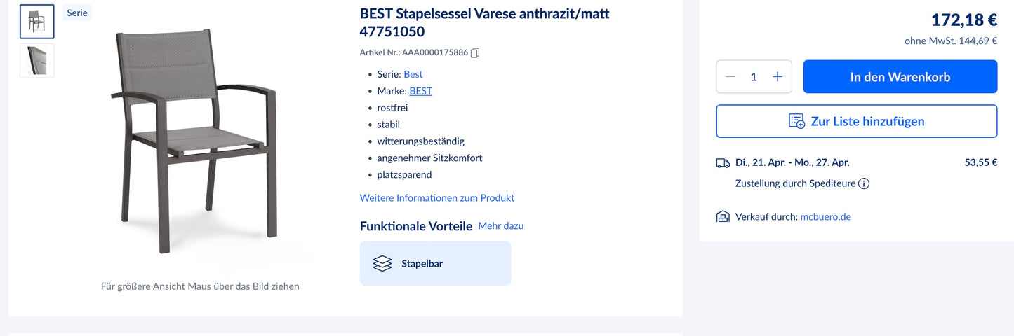 Outdoor Stuhl Gartenstuhl Stuhl Gartenmöbel +versch. Modelle +Neu auf Lager