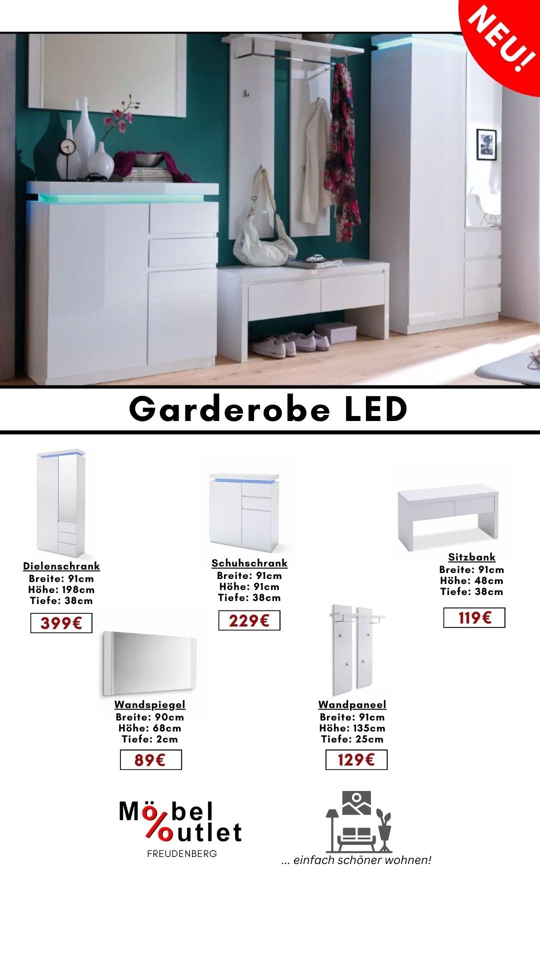 Kommode Garderobe +Auch Einzelverkauf ! +LED +Hochglanz Weiß