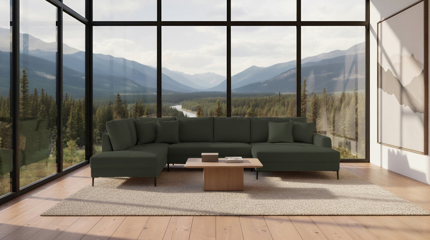 Wohnlandschaft Couch Sofa + Cord Stoff grün + Kissen