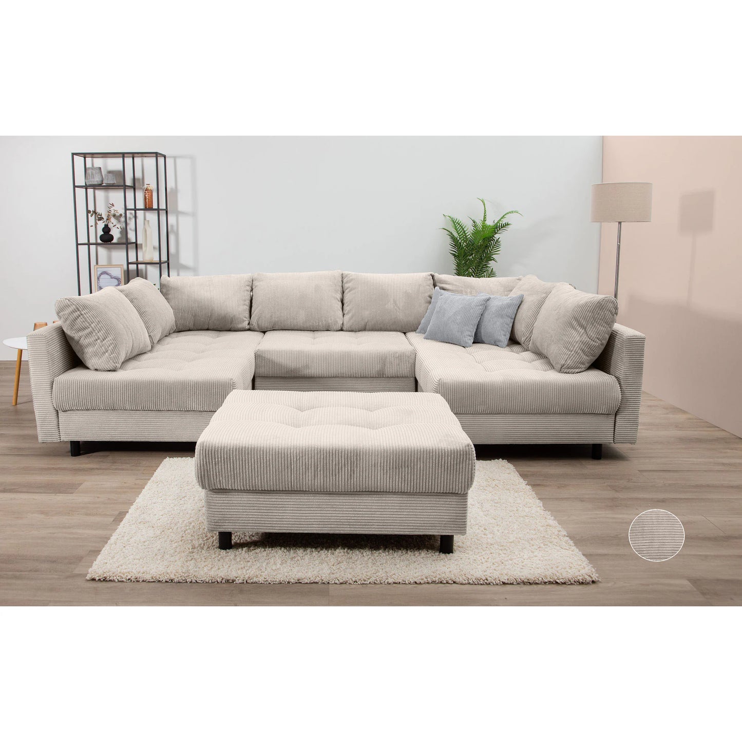 Wohnlandschaft Sofa Couch + Hocker + Kissen + Cord Stoff