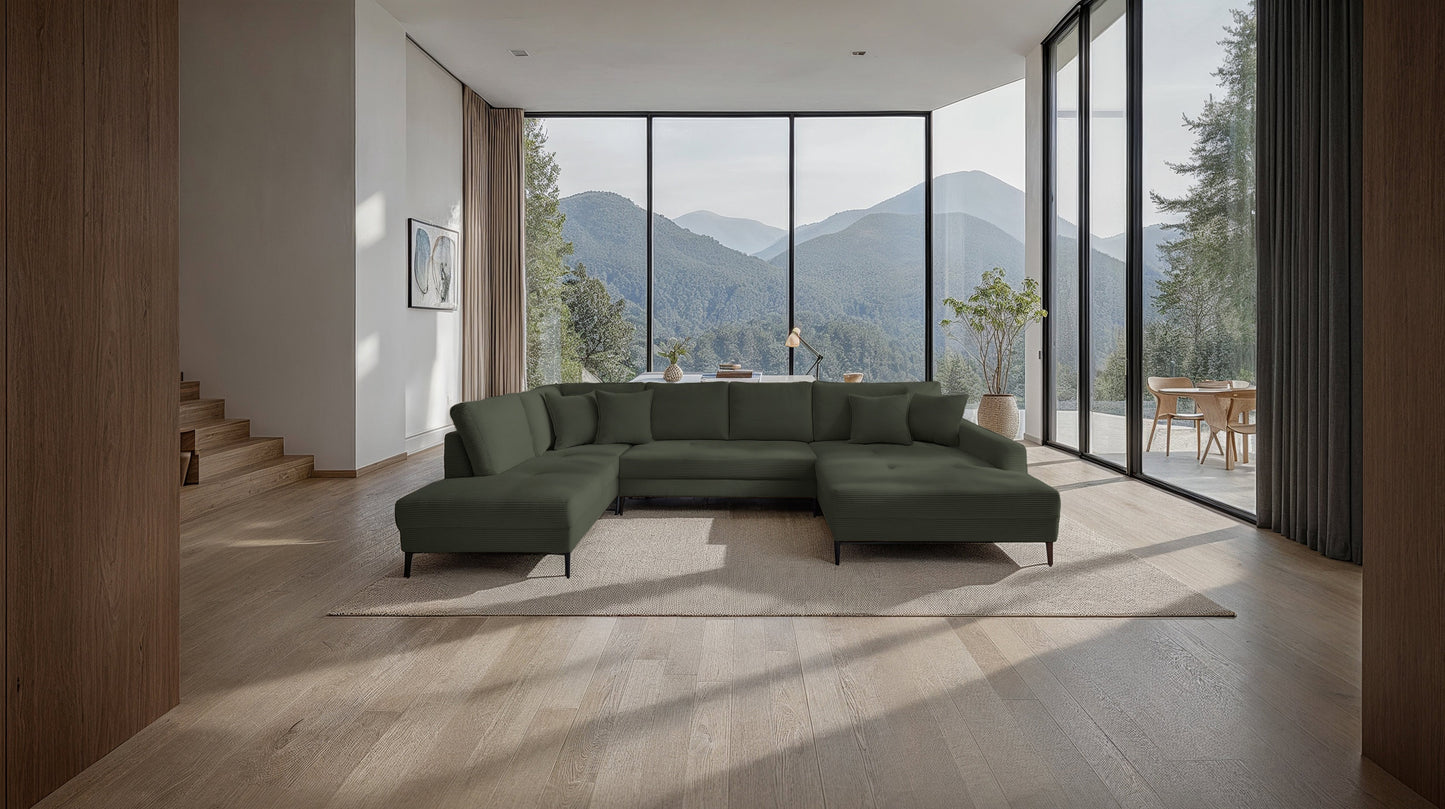 Wohnlandschaft Couch Sofa + Cord Stoff grün + Kissen