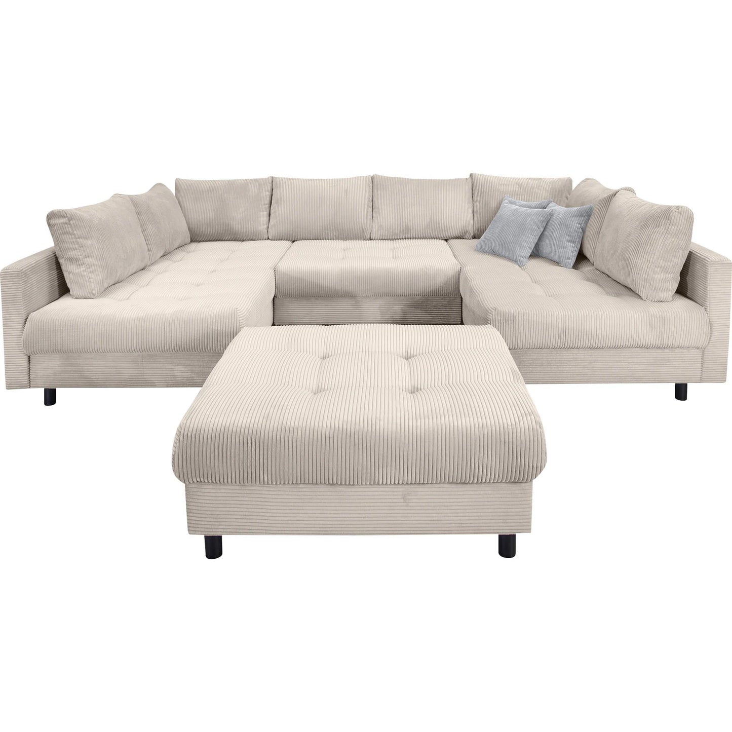 Wohnlandschaft Sofa Couch + Hocker + Kissen + Cord Stoff