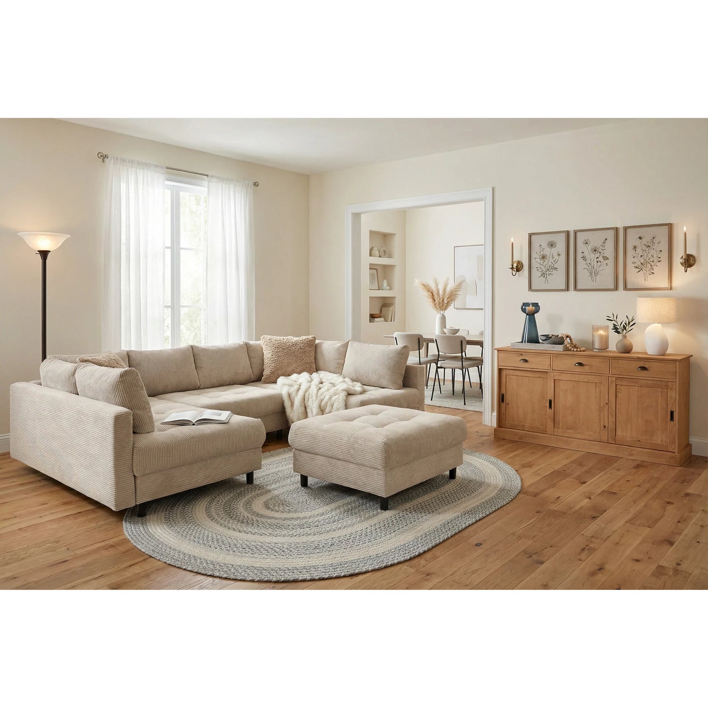Wohnlandschaft Sofa Couch + Hocker + Kissen + Cord Stoff