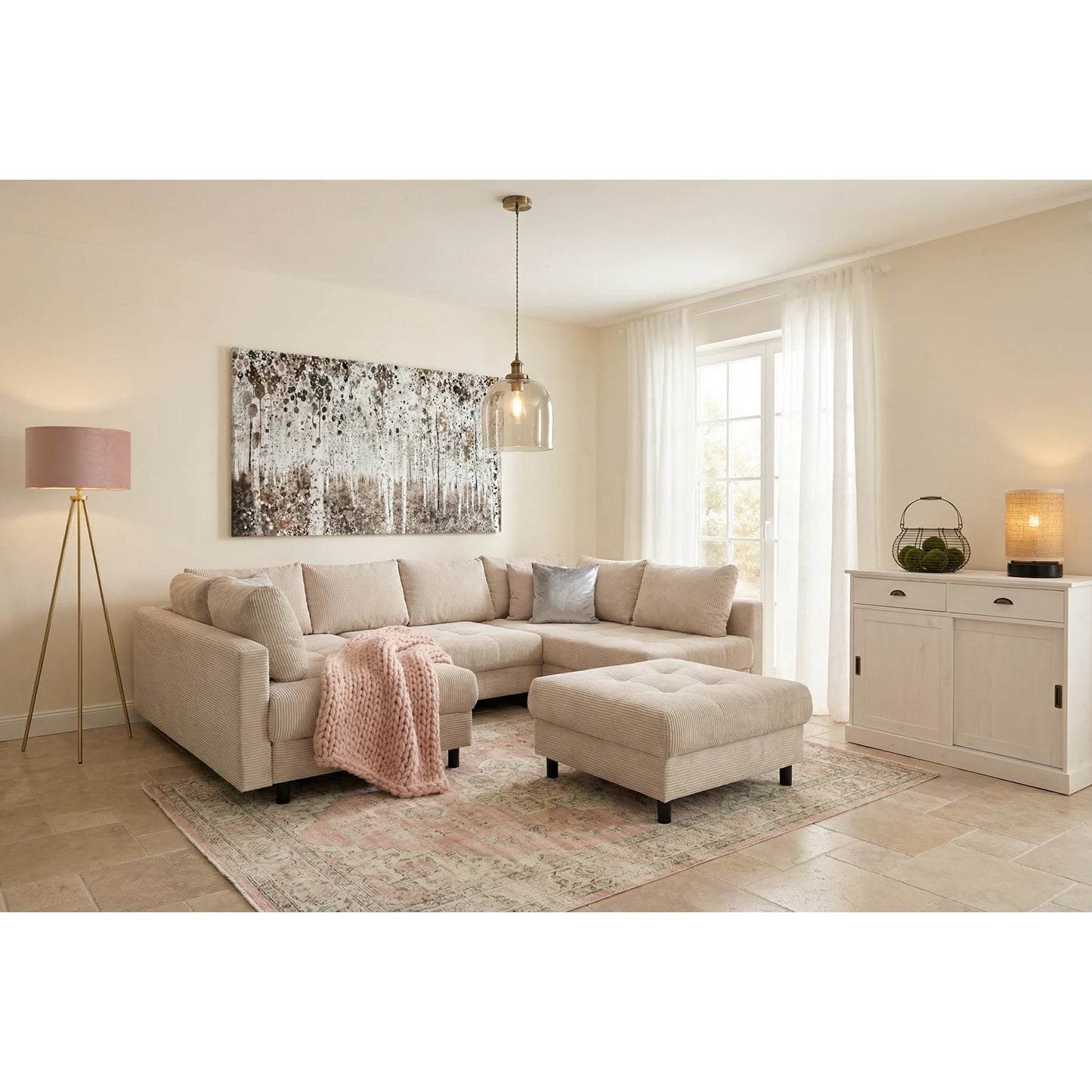 Wohnlandschaft Sofa Couch + Hocker + Kissen + Cord Stoff