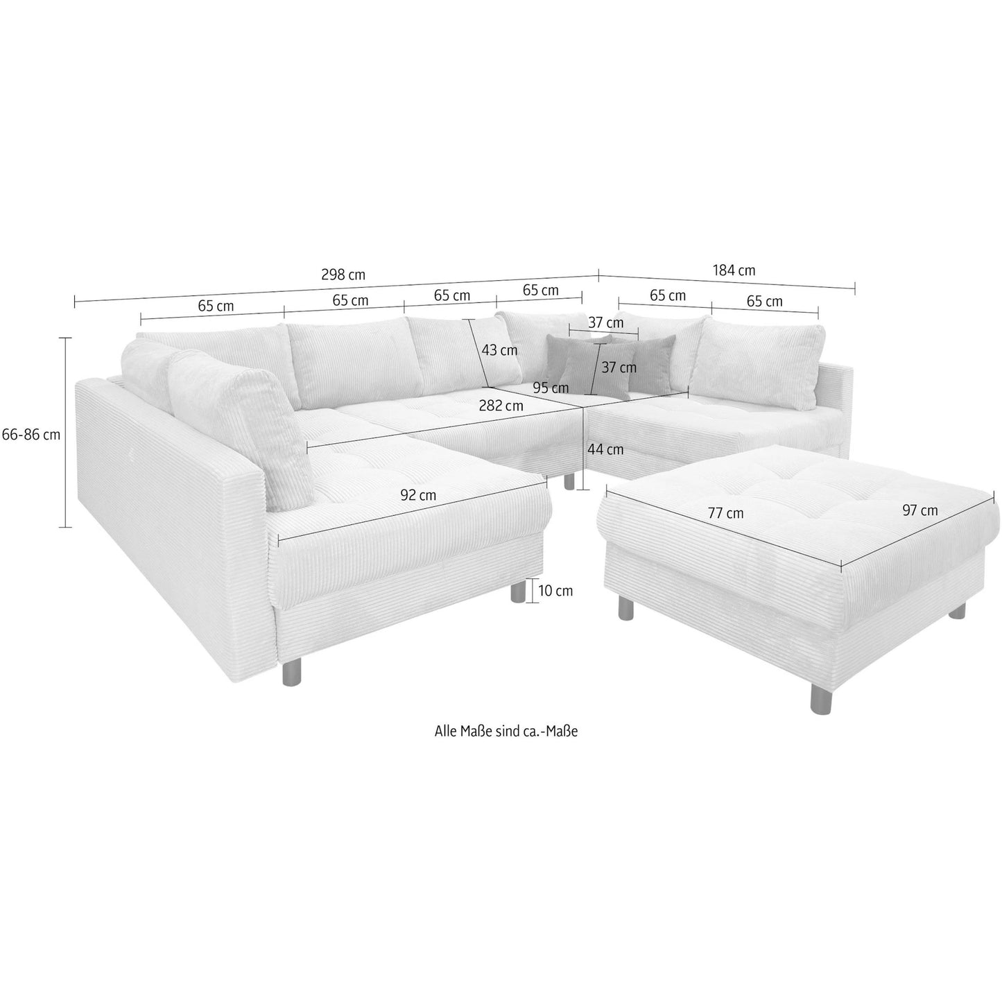 Wohnlandschaft Sofa Couch + Hocker + Kissen + Cord Stoff