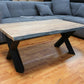Couchtisch + Massivholz + Baumkante + Metall Gestell