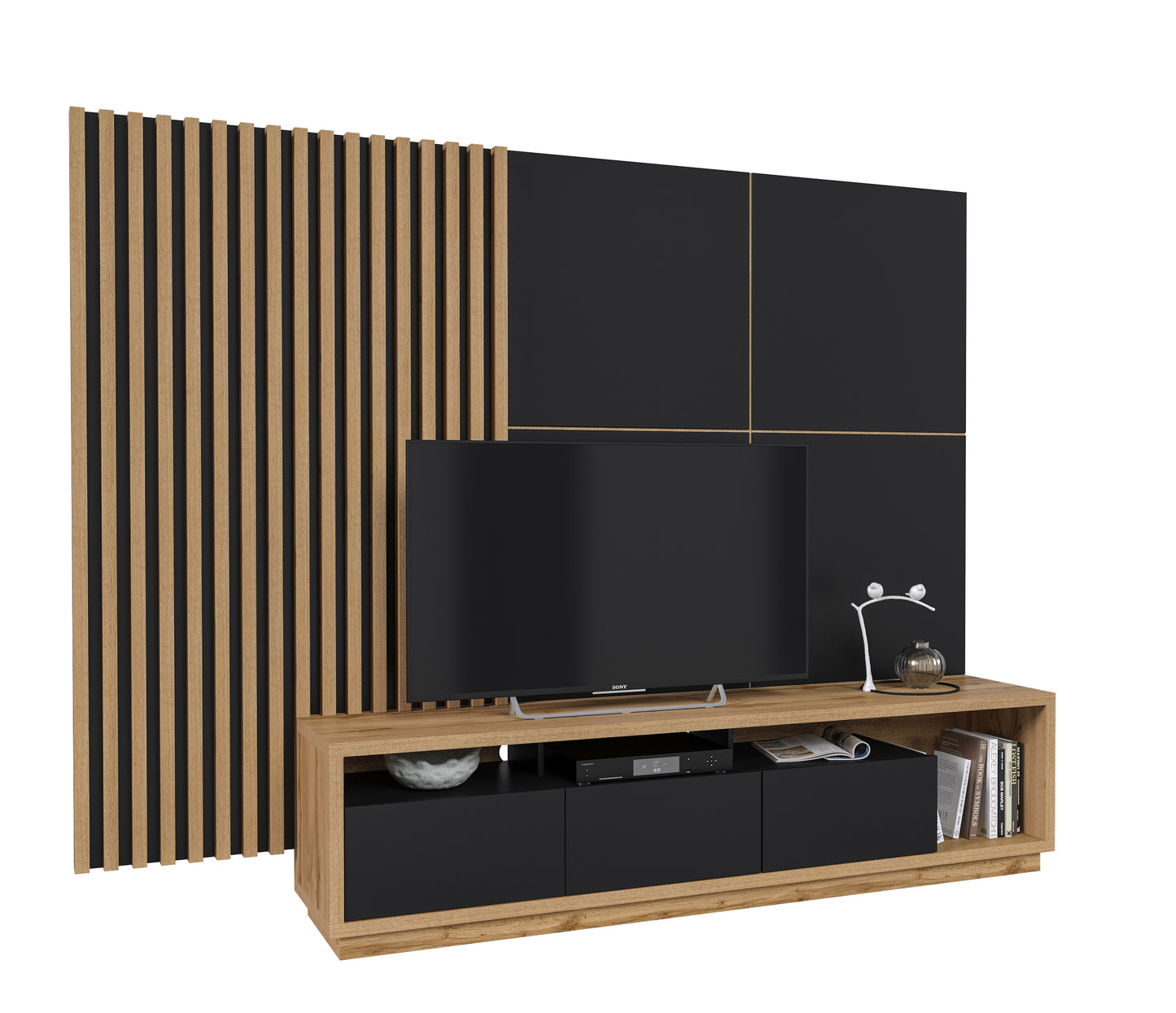 Wohnwand Set + Holz Optik + Schubladen + Ablagefläche
