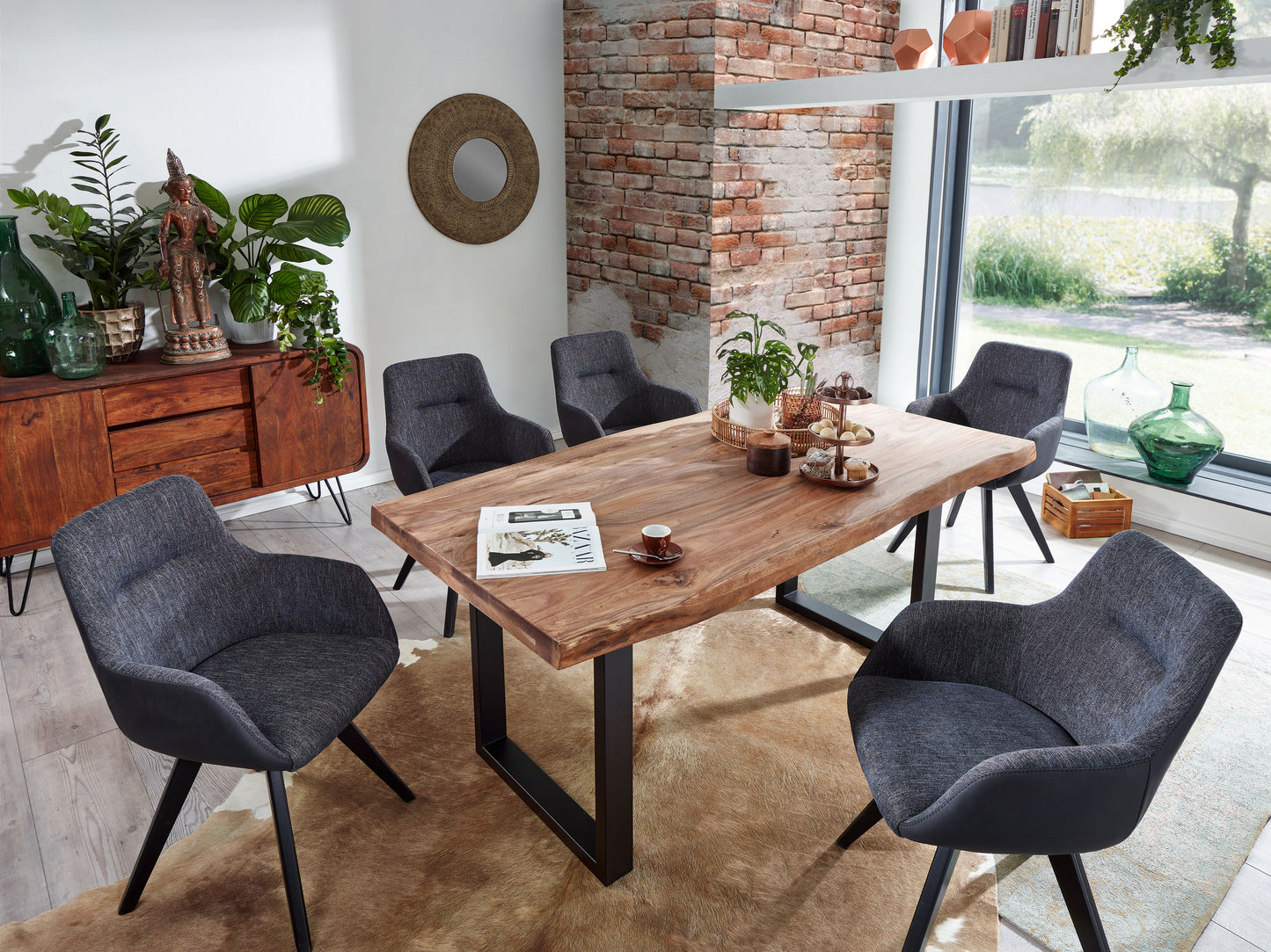Esstisch Tisch + Massivholz Akazie +ECHTE Baumkante U-Gestell